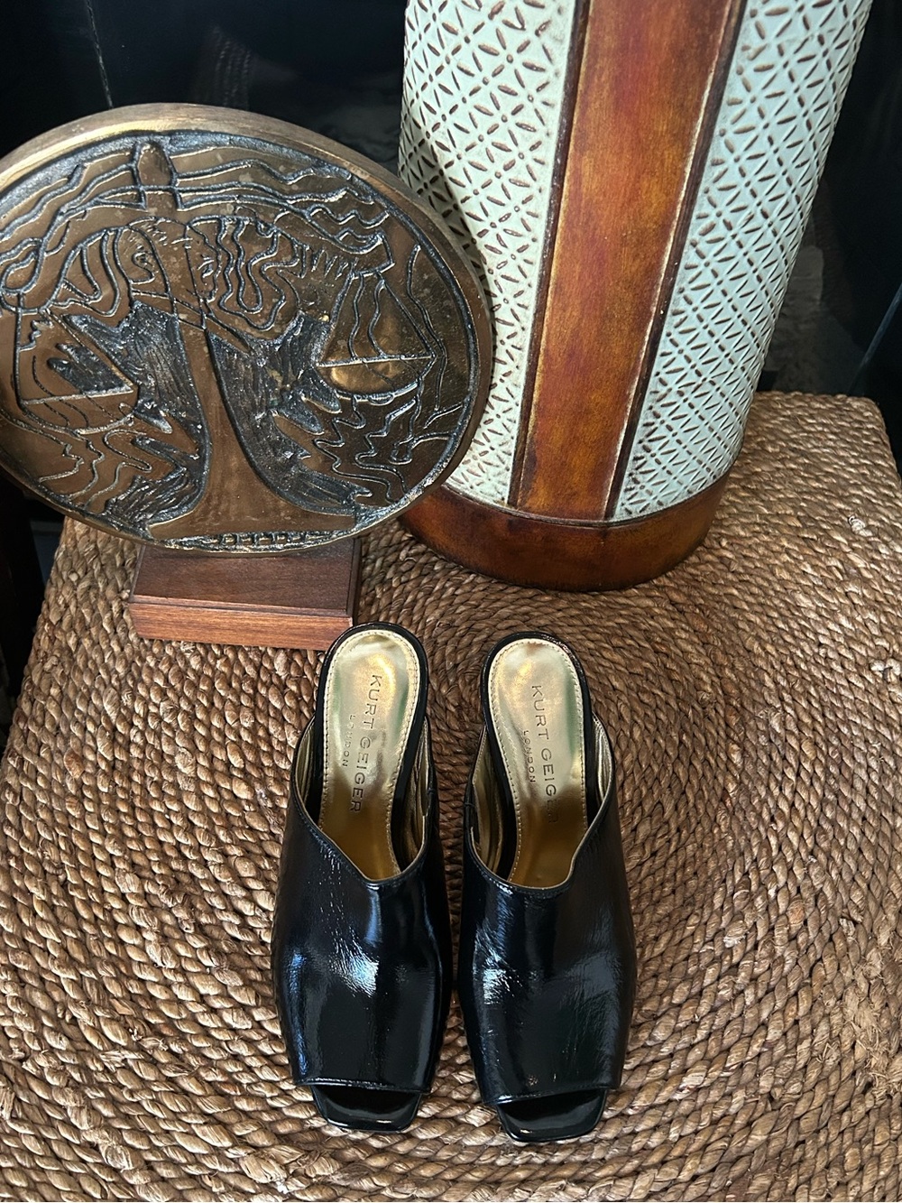 KURT GEIGER LONDON EAGLE SQUARE OPEN TOE HIGH HEEL MULES